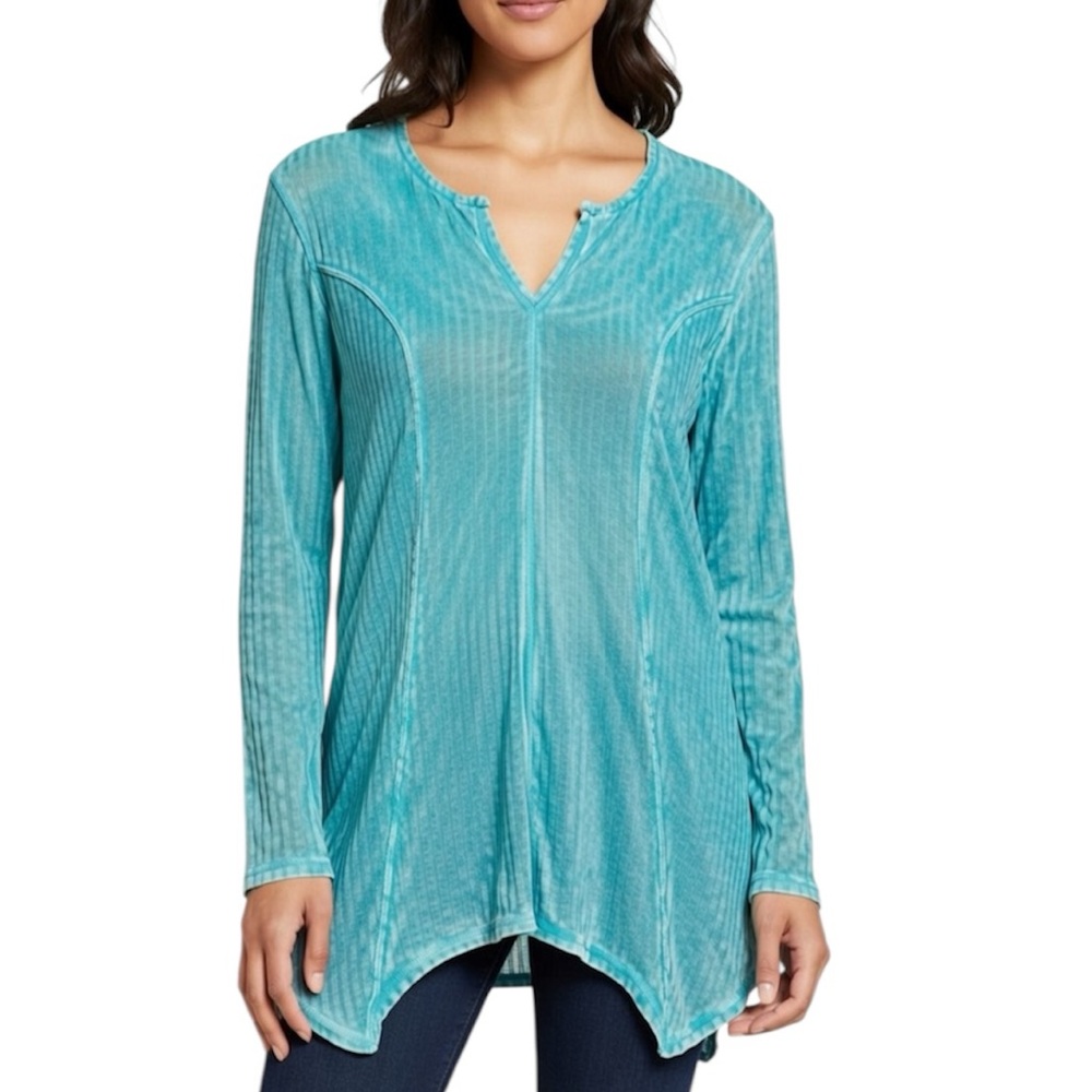 Seven 7 Faded Turquoise Waffle Knit Asymmetric Hem Tunic